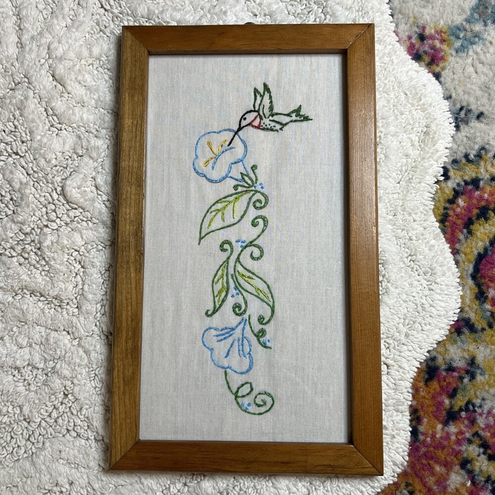 Vintage Framed Embroidery Floral Hummingbird Bird Wood Frame Finished Piece
